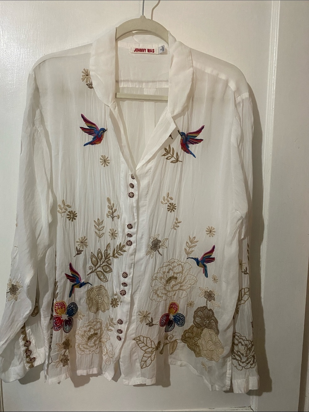 Johnny Was White Embroidered Button-Down Shirt with Multicolor Bird Accents